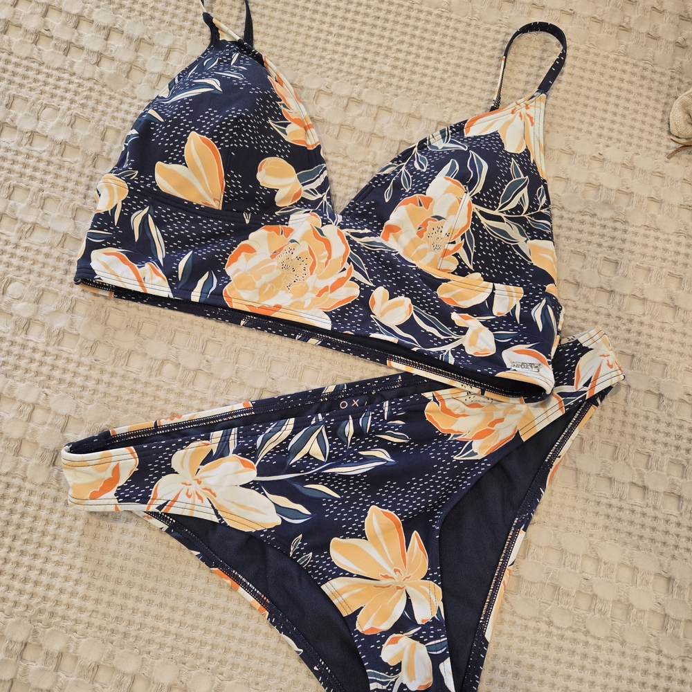 Roxy Navy and Orange Floral Bikini Set